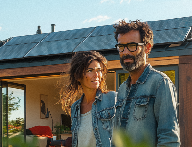 clients OHE devant leur maison équipée de panneaux solaires sunpower