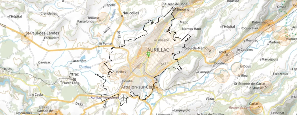 Aurillac : cartographie des servitudes d'utilités publiques pouvant concerner l'installation photovoltaïque