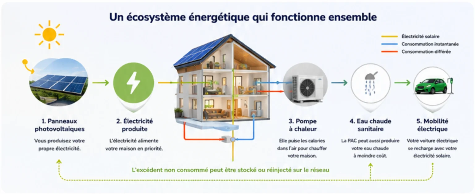 Schéma de l'écosystème énergétique domestique : panneaux solaires, pompe à chaleur, ballon d'eau chaude, mobilité électrique